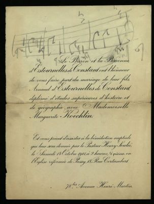 Manuscris muzical - George Enescu; ”Vox Maris - motiv muzical” și alte schițe enesciene pe o invitație de nuntă