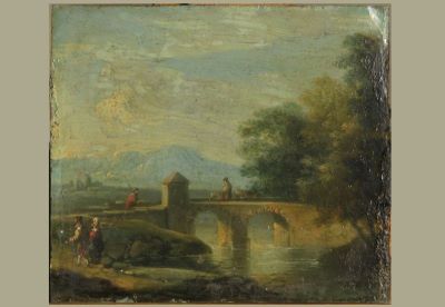 Pictură de șevalet - anonim (în Reg. Inv.: Brand, Christian Hülfgott); Mic peisaj cu pod. Pandant: Mic peisaj cu cetate