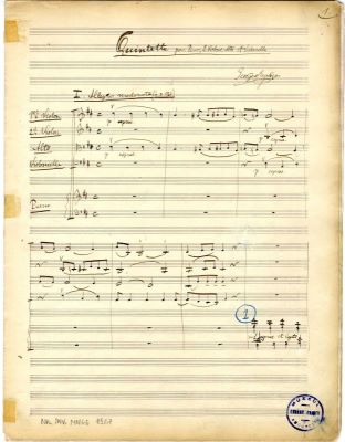 Manuscris muzical complet, partitură generală - George Enescu; „Quintette pour Piano, 2 Violons, Alto et Violoncelle” (Cvintetul pentru pian, 2 viori, violă și violoncel în re major)