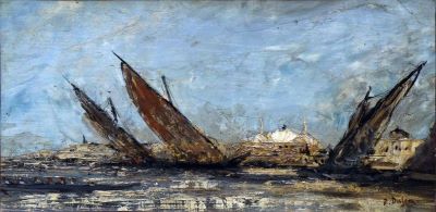 Pictură de șevalet - Dufeu, Édouard Jacques; Corăbii în port