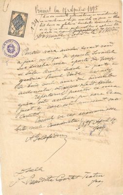manuscris - Avram Goldfaden; Solicitare de autorizație pentru susținerea de spectacole în sala Circului Sidoli și Grădina „Pomul Verde”