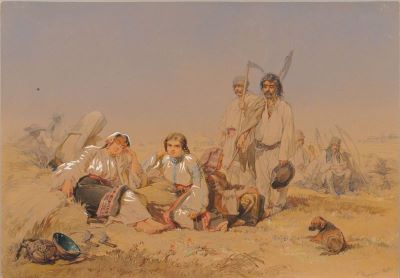 Acuarelă - Preziosi, Amedeo; Țărani la cosit (amiază)