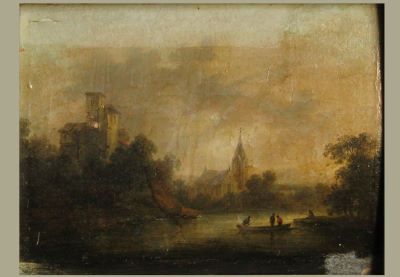 Pictură de șevalet - Brand, Johann Christian; Peisaj cu râu și în stânga castel cu ruine. Pandant: Peisaj cu râu și în dreapta castel cu ruine