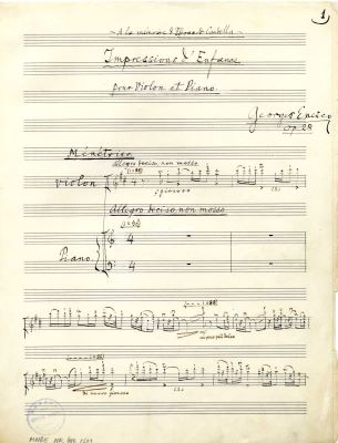 Manuscris muzical autograf complet - George Enescu; „Impressions d'Enfance pour Violon et Piano op. 28”