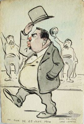 Caricatură - Petrescu-Găină, Nicolae; Domnul Palade în drum spre cameră