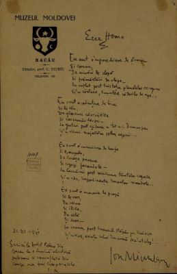 Manuscris - Documentul a fost redactat de Ion Minulescu; Versuri, datate Bacău, 21 martie 1941, redactate de Ion Minulescu și intitulate „Ecce homo”.