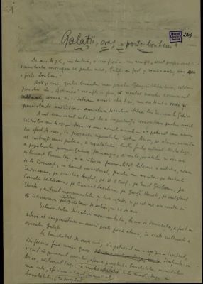 Documentul a fost redactat de Ion Minulescu.; Articol (manuscris), nedatat, redactat de Ion Minulescu, intitulat „Galații, oraș porte-bonheur”.
