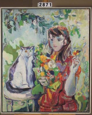 Pictură de șevalet - Macovei, Ligia; Compoziție cu pisică