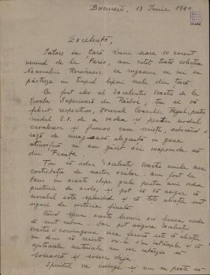 corespondență - Scrisoarea a fost redactată de George E. Mavrodi; Scrisoare datată „13 iunie 1940, București“, adresată de George E. Mavrodi lui Nicolae Iorga.