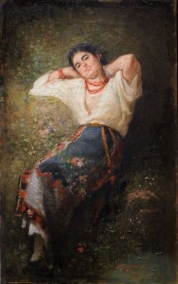 Pictură de șevalet - Grigorescu, Nicolae; Țărancă cu mărgele (Odihnindu-se)
