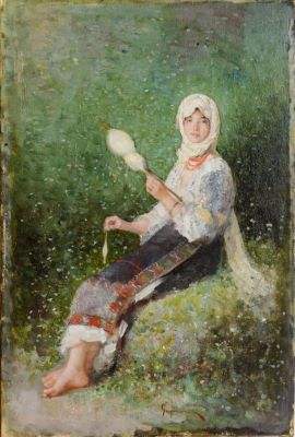 Pictură de șevalet - Grigorescu, Nicolae; Țărancă torcând