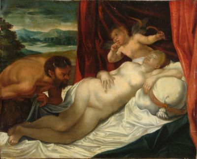 Pictură de șevalet - anonim (în Reg. Inv.: cercul lui Anibale Caracci); Venus dormind pândită de Pan