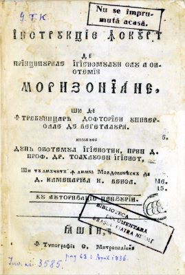 Carte veche - Tolhausen; Instrucție în scurt de prințipurile ighieismului sau a sistemii Morizoniane și de întrebuințarea doftoriei universale de vegetaluri aduse în limba moldovenească de pe acee franțuzești ...în scurt tălmăcire de pe însuș cartea dumisale Morizon