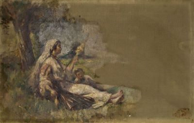 Pictură de șevalet - Aman, Theodor; Țărancă torcând
