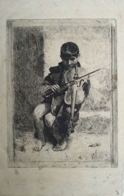 Gravură - Aman, Theodor; Copil cu vioara