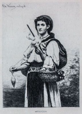 Gravură - Aman, Theodor; Mehadia - femeie în port național torcând