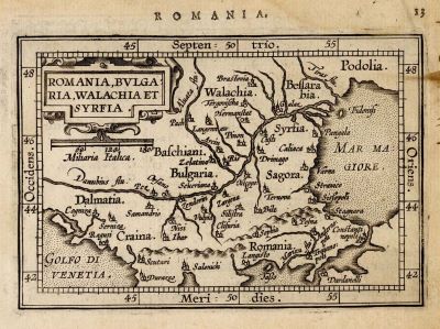 Hartă - Ortelius, Abraham (cartograf); Romania, Bulgaria, Walachia et Syrfia; (Romania, Bulgaria, Valahia și Syrfia)