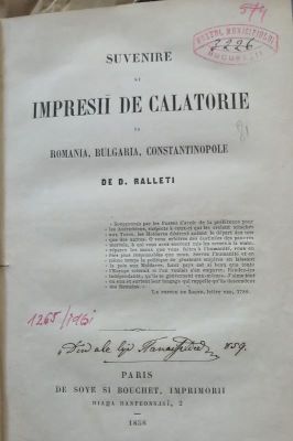 Carte românească modernă - Dimitrie Ralleti, autor; Suvenire și impresii de călătorie: în România, Bulgaria, Constantinopole