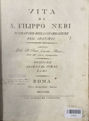 Carte veche - Pietro Giacomo Bacci, autor; Vita di S. Filippo Neri fondatore della Congregazione dell' Oratorio