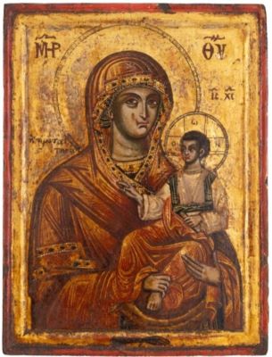 icoană pe lemn; Maica Domnului cu Pruncul