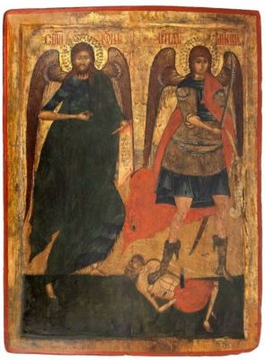 Icoană pe lemn - Andrei Zugravul (atribuit); Sfântul Ioan Botezătorul - Îngerul deșertului și Sfântul Arhanghel Mihail - Psihopomp