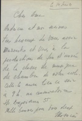 Scrisoare - Mihail Jora; Mihail Jora către George Enescu