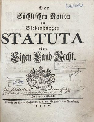 Carte veche; Der Sächsischen Nation in Siebenbürgen Statuta