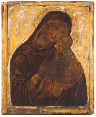 icoană pe lemn; Maica Domnului cu Pruncul (Glikofilusa)