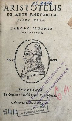 Carte veche - Aristotel, autor; Carlo Sigonio, îngrijitor de ediție.; Aristotelis de arte rhetorica libri tres