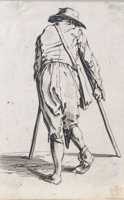 Gravură - Callot, Jacques; Les Gueux ou les Mendiants (Les Baroni), nr.5 „Le Mendiant aux béquilles coiffé d'un chapeau”