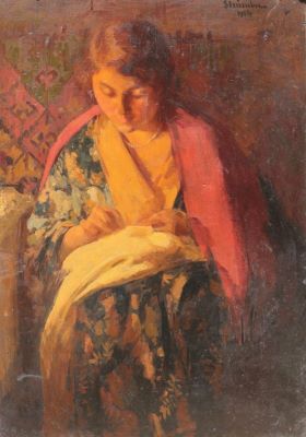 Pictură de șevalet - Strâmbu, Ipolit; Femeie cosând