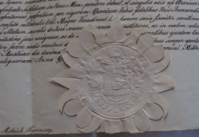 Diplomă - Cancelaria Imperială; Ferdinand I, Împărat al Austriei și Rege al Ungariei, îl numește pe preotul Mihály Fogarasy în funcția de director al Academiei Regale din Oradea, precum și în demnitatea de canonic magistral al Capitlului catedralei din Oradea