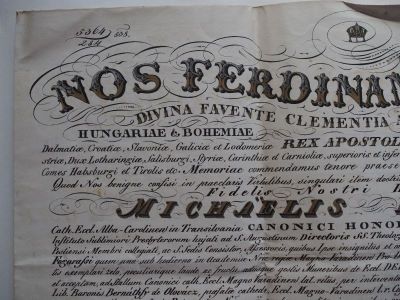 Diplomă - Cancelaria Imperială; Ferdinand I, Împărat al Austriei și Rege al Ungariei, îl numește pe preotul Mihály Fogarasy în funcția de director al Academiei Regale din Oradea, precum și în demnitatea de canonic magistral al Capitlului catedralei din Oradea