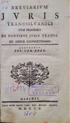 Carte veche cu conținut juridic - Adcuravit Jose[phus] Car[olus] Eder; Breviarium Juris Transsilvanici cum prooemio de fontibus juris Transs. Et indice locupletissimo