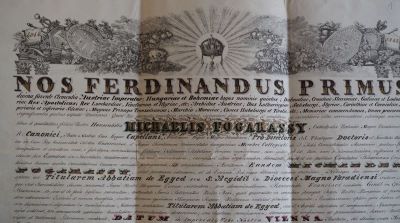 Diplomă - Cancelaria Imperială; Ferdinand I, Împărat al Austriei și Rege al Ungariei, îl numește pe preotul Mihály Fogarasy în funcția de abate titular de Egyed