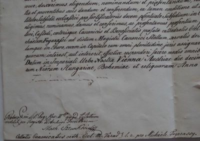 Diplomă - Cancelaria Imperială; Ferdinand I, Împărat al Austriei și Rege al Ungariei, îl numește pe preotul Mihály Fogarasy în funcția de director al Academiei Regale din Oradea, precum și în demnitatea de canonic magistral al Capitlului catedralei din Oradea