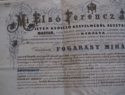 Cancelaria Imperială; Diplomă de numire acordată lui Mihály Fogarasy în funcția de canonic cantor al catedralei de Oradea