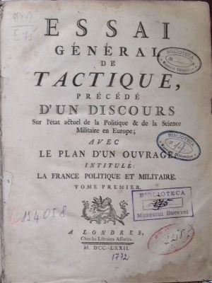 Carte veche; eseu de tactici militare - [Jacques-Antoine-Hippolyte de Guibert]; Essai Général de Tactique, précédé d'un Discours sur l'état actuel de la politique & de la science militaire en Europe; Avec le plan d'un ouvrage intitulé: La France politique et Militaire