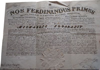 Diplomă - Cancelaria Imperială; Ferdinand I, Împărat al Austriei și Rege al Ungariei, îl numește pe preotul Mihály Fogarasy în funcția de director al Academiei Regale din Oradea, precum și în demnitatea de canonic magistral al Capitlului catedralei din Oradea