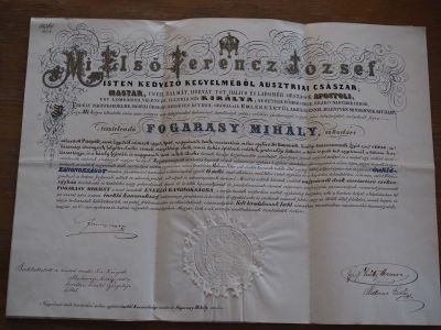 Cancelaria Imperială; Diplomă de numire acordată lui Mihály Fogarasy în funcția de canonic cantor al catedralei de Oradea