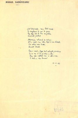 Manuscris - Mihail Sadoveanu; Poezii de dragoste scrise de Mihail Sadoveanu și trimise Valeriei Mitru, în perioada 26.I-9.XI.1942 (45 poezii)
