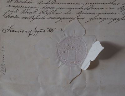 Cancelaria Imperială; Diplomă de numire în funcția de arhidiacon al catedralei din Oradea acordată preotului Michaelis Fogarasy