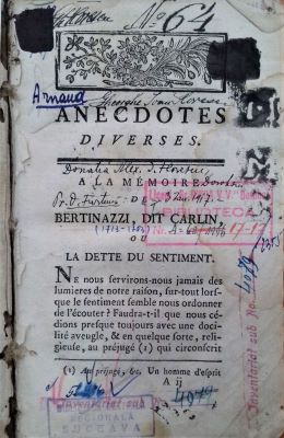 Carte veche; anecdote - Arnaud [François Thomas Marie de Baculard D']; Délassements de l'homme sensible, ou anecdotes diverses