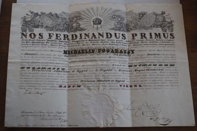 Diplomă - Cancelaria Imperială; Ferdinand I, Împărat al Austriei și Rege al Ungariei, îl numește pe preotul Mihály Fogarasy în funcția de abate titular de Egyed