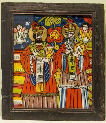 icoană pe sticlă; Sf. Nicolae și Vasile
